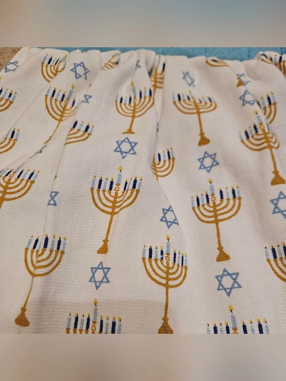 2 Handcrafted Potholders Attached To Towels | Blue, White + Gold | Jewish
